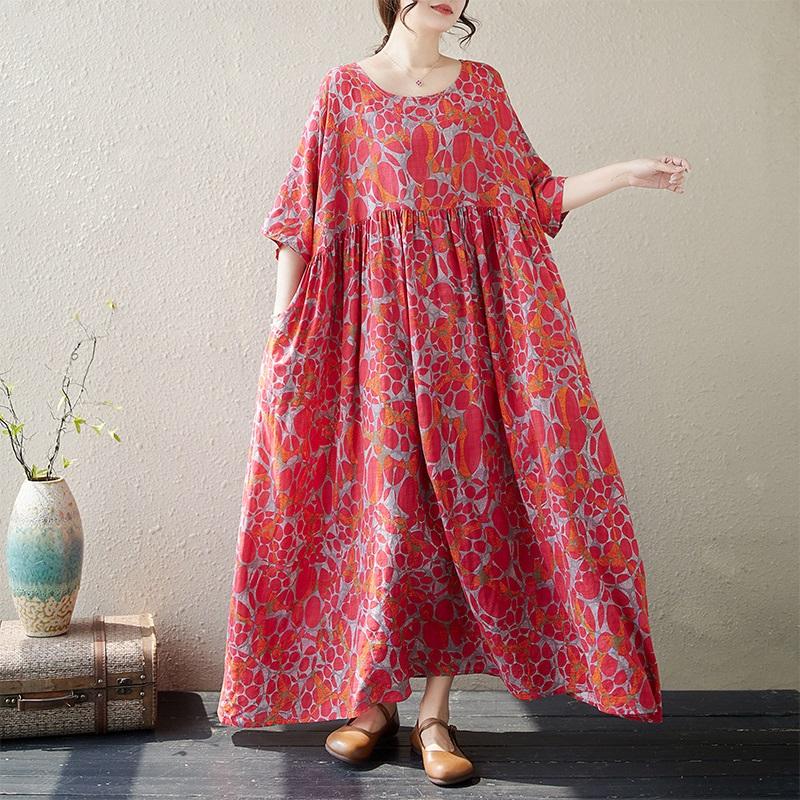 

Новое хлопковое винтажное платье больших размеров с коротким рукавом для женщин, повседневное свободное длинное летнее платье