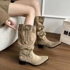 Fashion Autumn Winter Pleated Women Western Cowboy Boots Vintage Square Low Heels Shoes Female Belt Buckle Long Booties