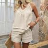 Sleeveless V-Neck Top and Shorts Set with Ruffles In Beige