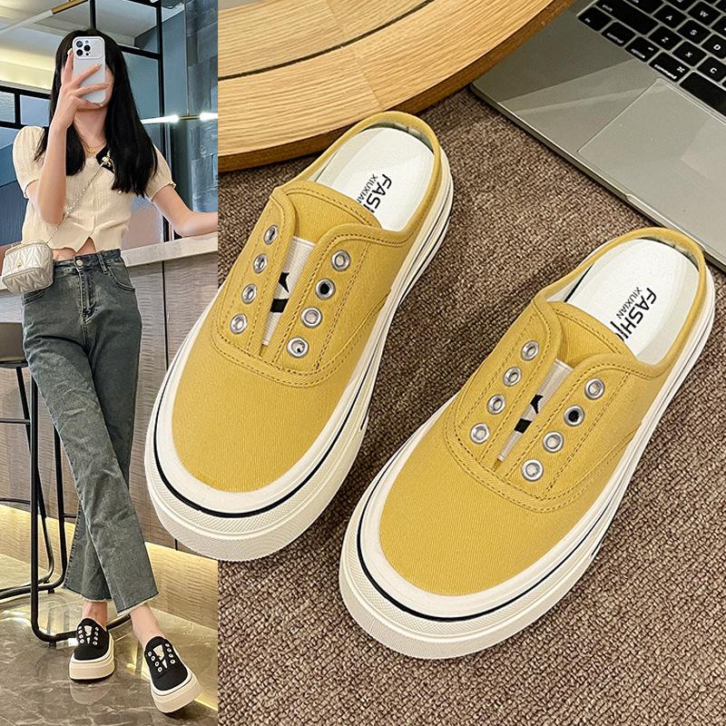 2025 new casual canvas shoes heel-free versatile lazy one-pedal platform ins bag head half slippers women's summer
