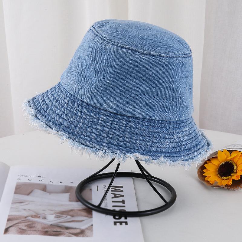 Spring and summer old retro versatile face covering solid color rough edge denim bucket hat woman