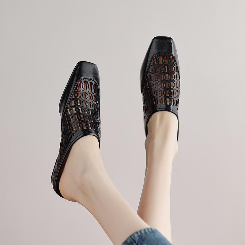 Fashion 2025 New Summer/Spring Women Mules Split Leather Women Shoes Square Toe Chunky Heel Shoes Cover Toe Women Sandals Soft Shoes