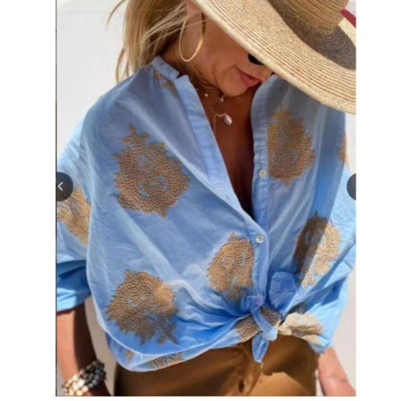 

Cross-Border European and American Spring New Fashion round Neck Single-Breasted Print Loose Casual Long sleeve Shirts Top Shirt Sky Blue 3XL