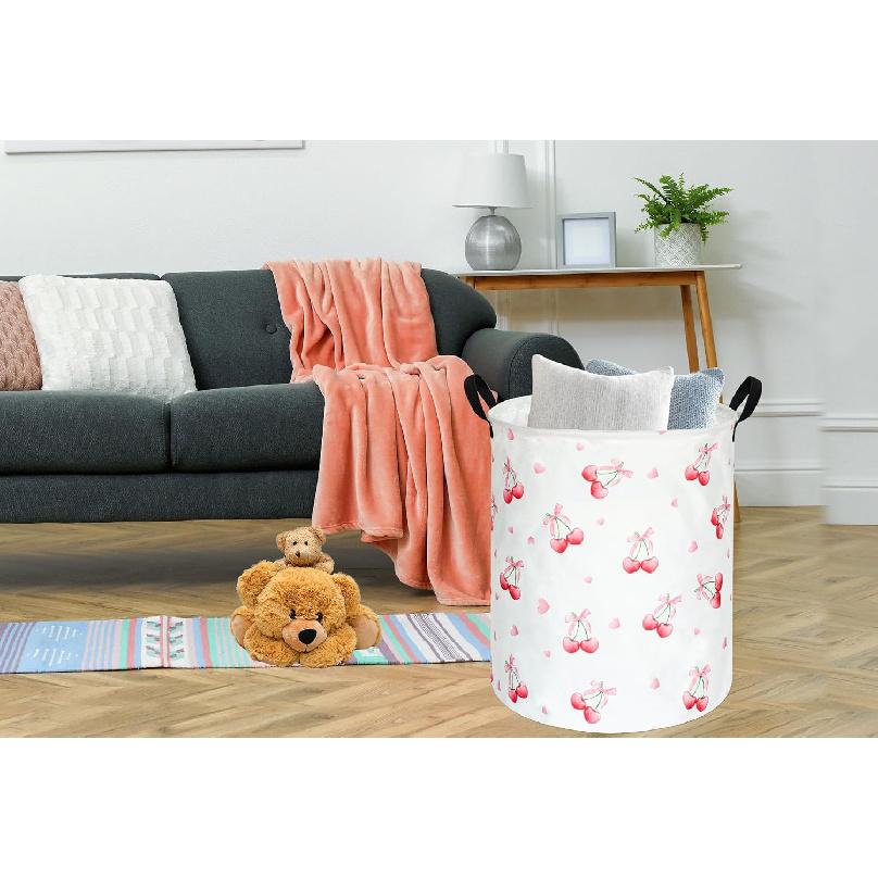 Cherry Print Round Laundry Hamper Storage Basket B Clothes Nursery Hamper for Home, Gift Storage B with Handles