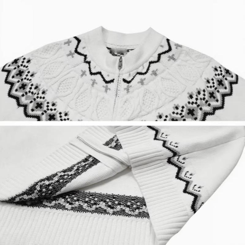 Unisex Oversized Zip-Up Knit Sweater With 3D Fair Isle Loose Fit Long Sleeve Pullover Winter