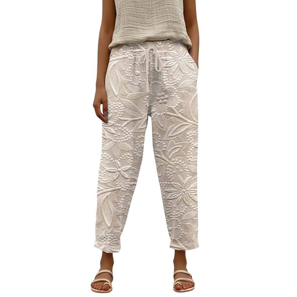 Damen Modische Hose mit Blumenmuster, Kordelzugtaschen und elastischem Bund für Freizeit