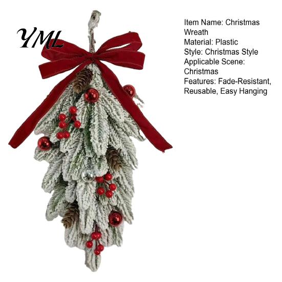 Christmas Decorations for Shop Flocked Teardrop Swag Front Door, Artificial Pine with Red Decorative Hanging Wreath Wall Berries Velvet Bow,