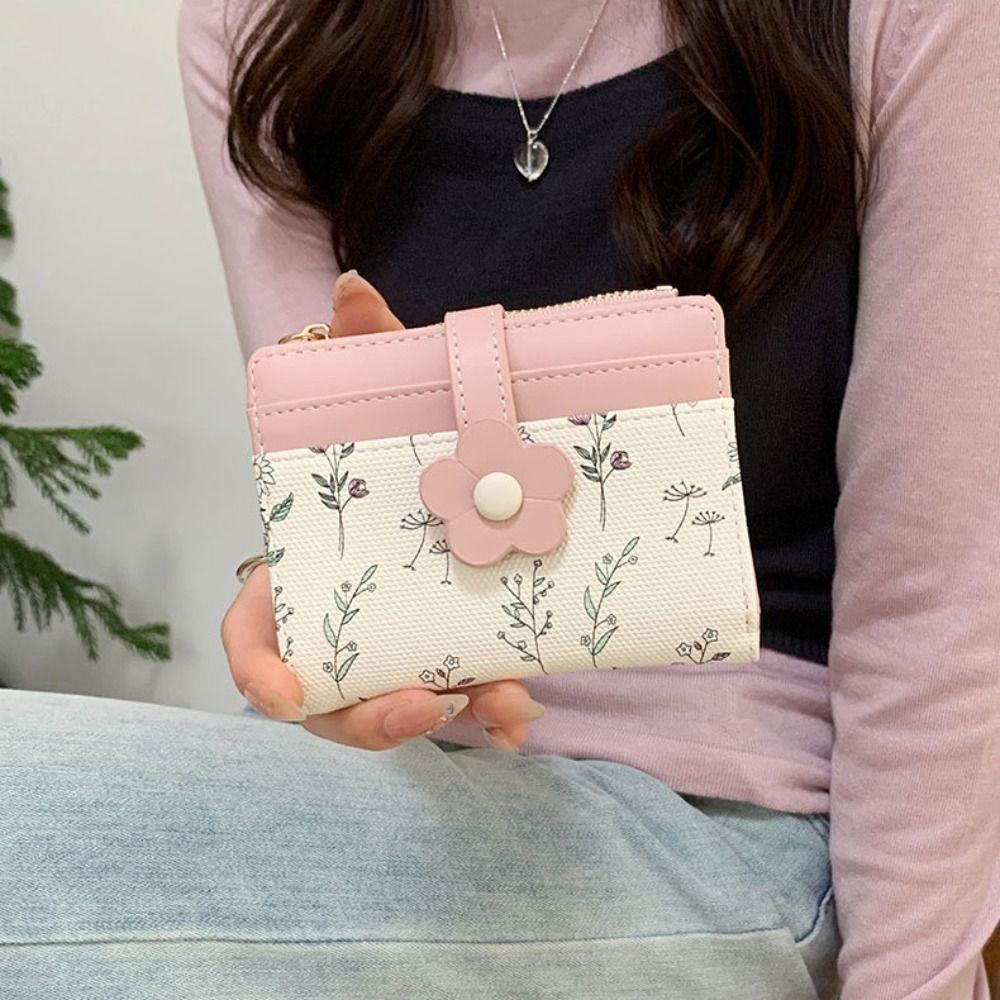 Korean Style PU Leather Card Holder Floral Folding Card Bag Retro Flower Short Wallet  Women