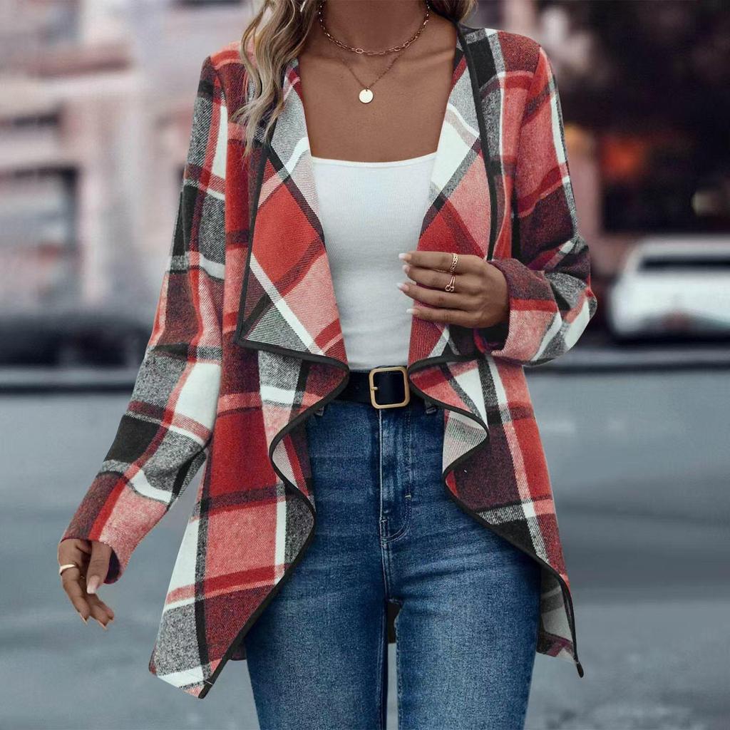 2024 Women's Plaid Print Long-sleeved Jacket - European & American Spring/Autumn Fashion
