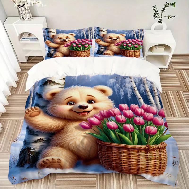 3pcs Anime Cartoon Bear with Pink Tulips Bedding Set - Includes One Quilt Cover and Two Pillowcases (No Core) - Festive Gift for Bedroom Dec