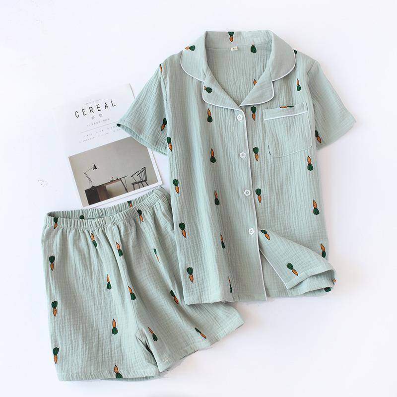 New Ladies Pajamas Suit Summer Comfortable Cotton Gauze Lapel Pajamas Suit Women Thin Loose Cartoon Carrot Printing Home Service