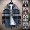 Men's Striped Fleece-Lined Stand-Up Collar Cardigan - Autumn/Winter Loose Fit