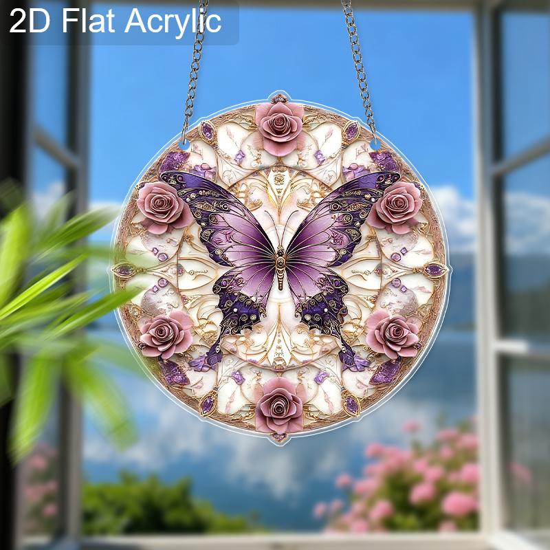 Acrylic Purple Butterfly with Pink Roses Suncatcher Stained Glass Effect Window Hanging Ornament Flower Lover Gifts