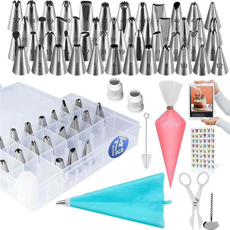74 Pcs Cake Icing Tips Set, Baking Piping Bags and Flower Nail Tools Kit, Cookie Pastry Decorating Supplies