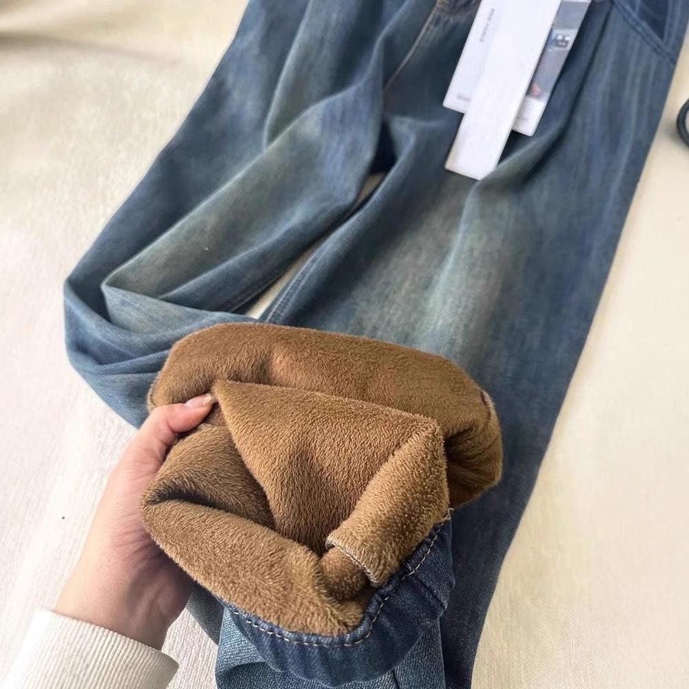 Women's High-Waisted Fleece-Lined Wide-Leg Retro Jeans - Winter Slimming Straight-Leg Pants