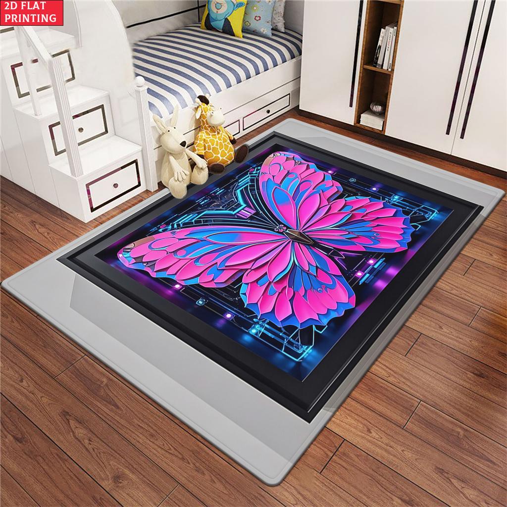 Cyberpunk Neon Pink Blue Butterfly Area Rug, Non-Slip Soft Carpet for Living Room Bedroom, Cyberpunk Aesthetic Decor Floor Mat