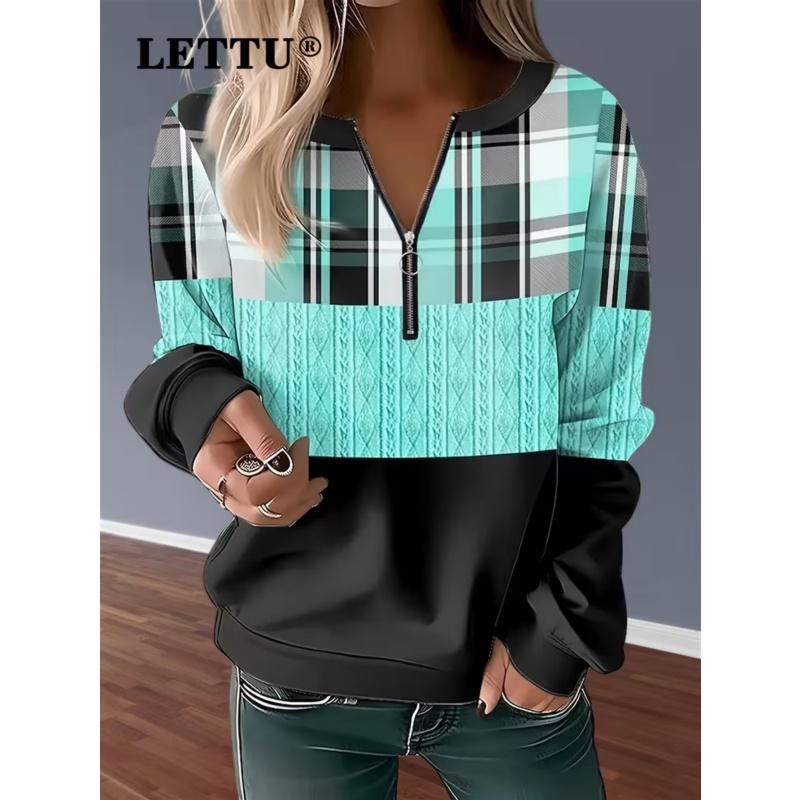 T-shirt da donna con stampa creativa, zip e maniche lunghe, traspirante, morbida e confortevole, adatta per l'abbigliamento casual tutto l'anno