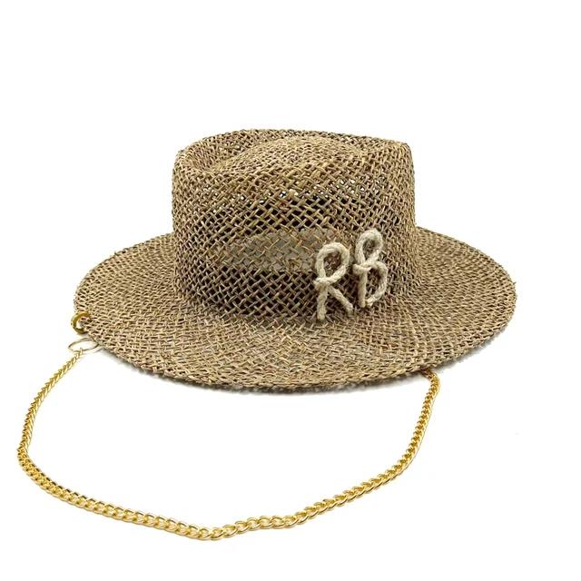 Summer Sunshade Hat Dome French Straw Hat Women's Metal Letter RB Decorative Straw Hat Holiday Sunshade Hat Punk Style Straw Hat