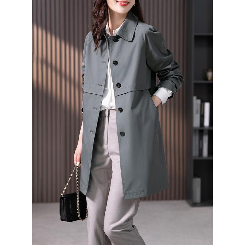 Women's Solid Color Lapel Single Breasted Straight Trench Coat Mid Length Casual Outerwear Jacket