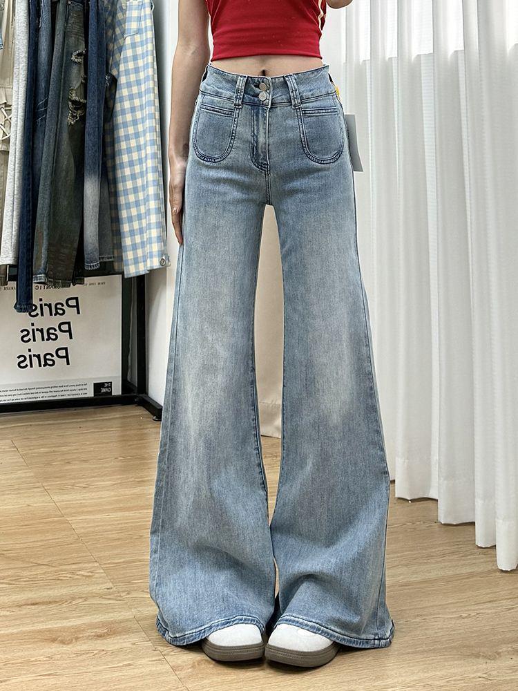 

Весенние светло-голубые джинсы клеш с высокой талией, женские, ретро, стройнящие L синий
