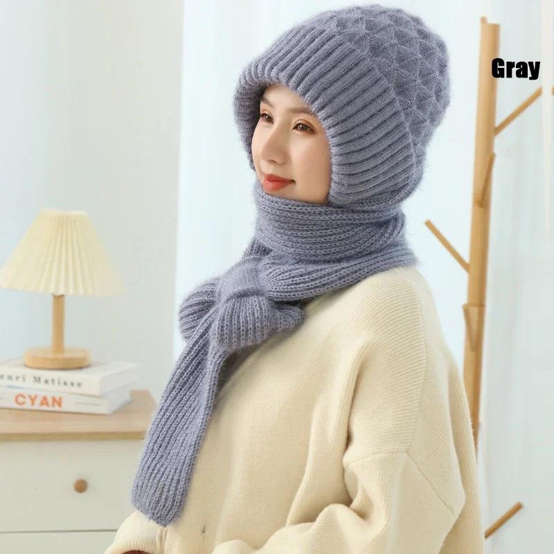 Winter Womens Knitted Hat Double Warm Padded Thickened Hat Scarf One Wool Knitting Net Red Pop Wind and Snow Beanies Hats
