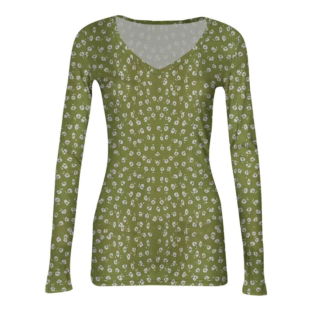 Damen Winter Slim-Fit Baselayer T-Shirt Modischer Druck V-Ausschnitt Pullover Langarm-Top