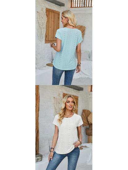 Spring & Summer Women's Loose Round Neck Eyelet Lace T-shirt