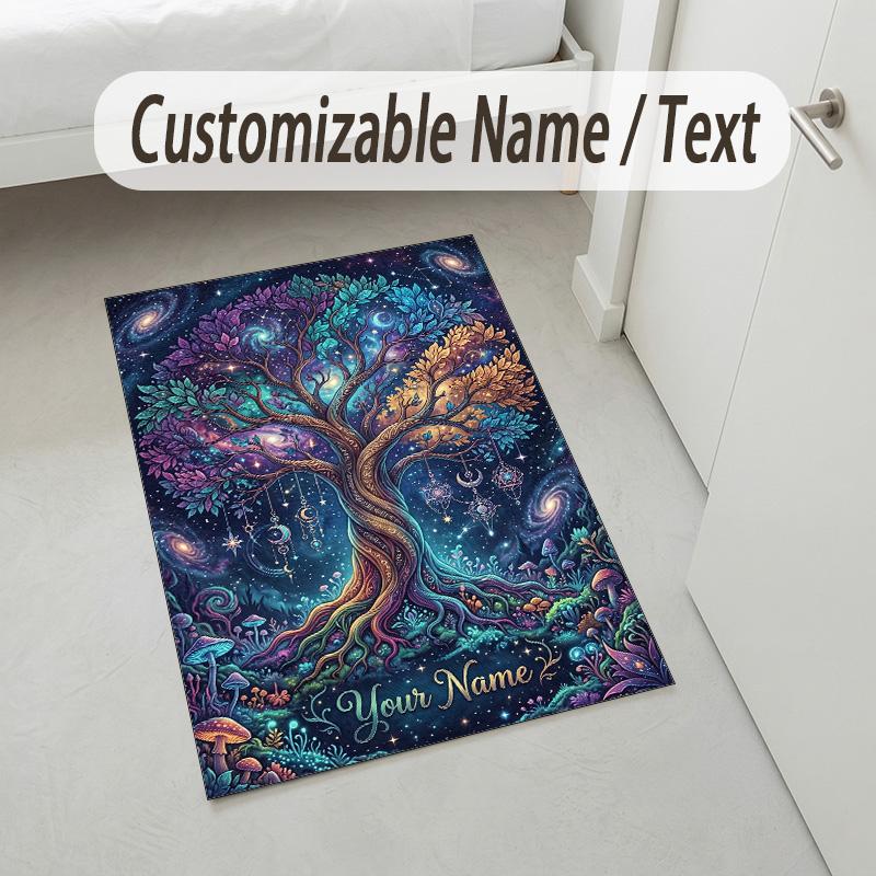 Cosmic Tree Theme Soft Crystal Velvet Rug Custom Name & Text Print Non Slip Floor Rug for Bedroom Living Room