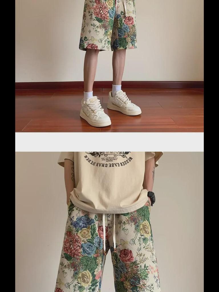 Men's Summer Floral Beach Shorts, American Retro Loose Fit