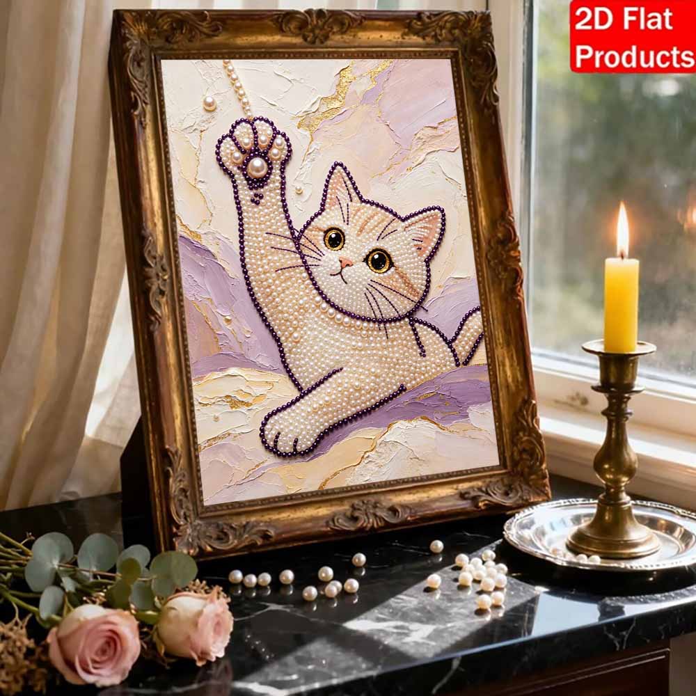 DIY Pearl Bead Art Canvas Cute Cat Pattern Frameless Creative Craft Painting Kit for Relaxing Home Wall Decoration