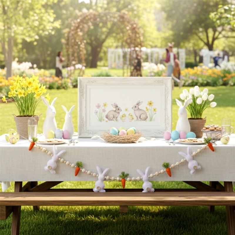 Safe User Friendly Materials Easter Rabbit Hanging Garlands with Wood Beads Nonwoven Fabric for Family and Pet Safe Space