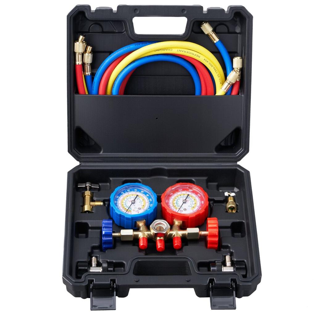 3-Way AC Diagnostic Manifold Gauge Set Fits for R134A, R22, R12, R502 Refrigerant, AC Gauge Set with 5 ft Hoses, Couplers, Can Tap for Car A/C System