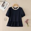 ZANZEA Damen Patchwork Rundhals Locker Sommer Lässig Kurzarm Bluse