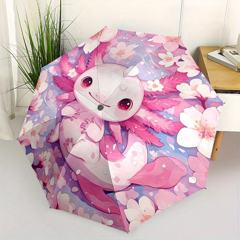 

1pc Axolotl & Pink Flower Automatic 3-Fold Umbrella Design, Cute Cartoon Pattern, Portable Outdoor Umbrella, Perfect, Holiday Gift for Disney fans.C01