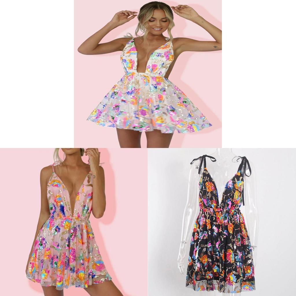 Elegant Polyester Sequin Short Dress With Vneck And Backless Design For Summer Party Wear