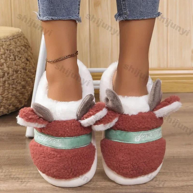 Christmas Reindeer Home Cotton Slippers Cartoon Cute Warm Home Plush Slippers Indoor Comfortable Floor Anti Slip Cotton Slippers