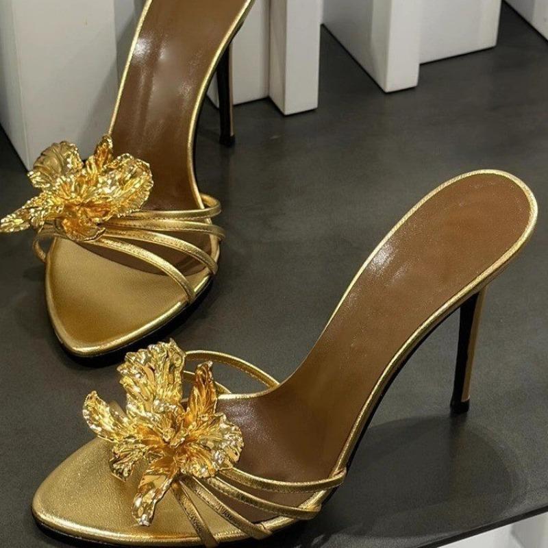 Fashion 2025 Summer Sexy Stiletto Heel Sandals for Women Floral Metal Decor Party Slippers Fashion Dressy High Heel Open Toe Slippers