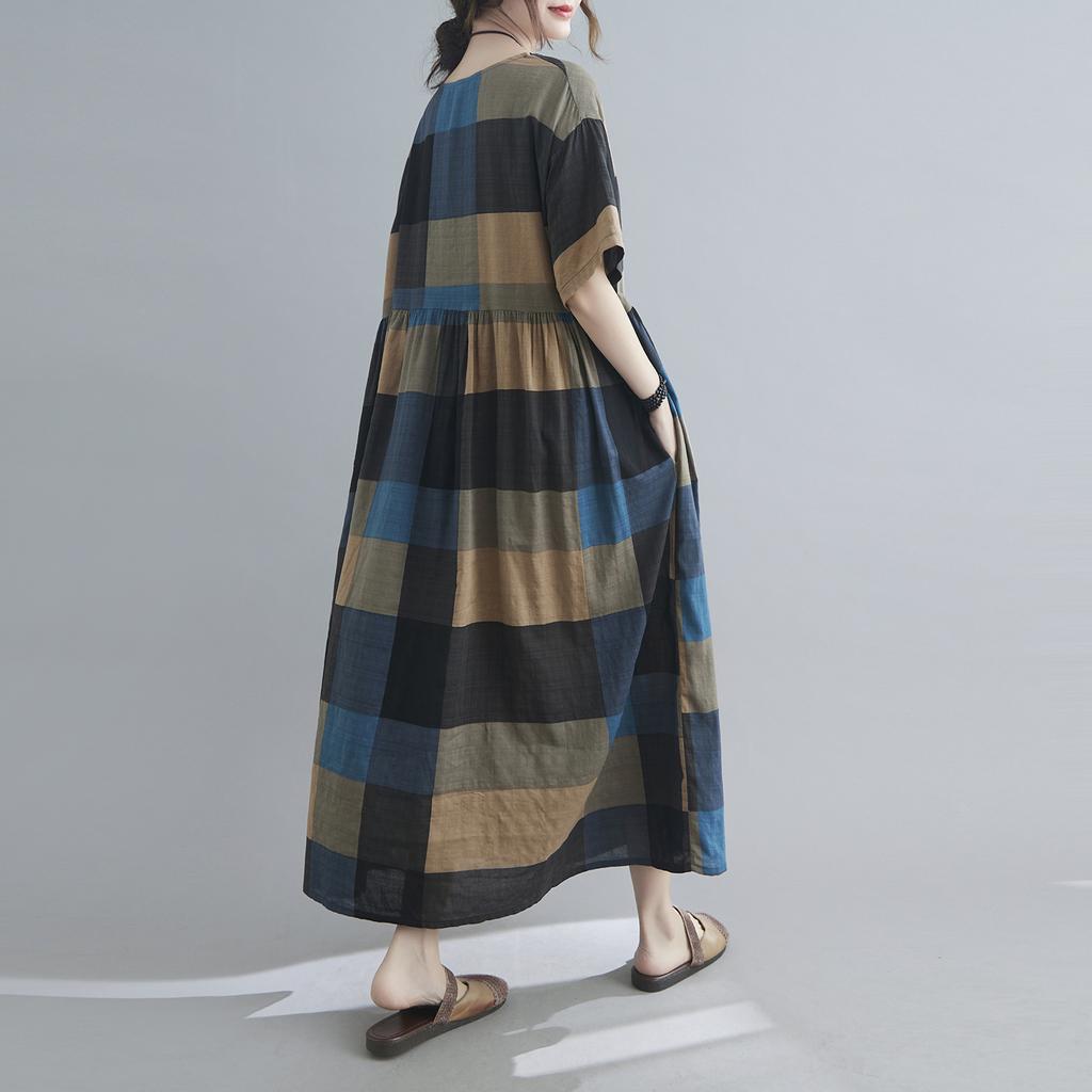 Women Cotton and Linen Dress Vintage Plaid Print O Neck Half Sleeves Side Pockets Robes Casual