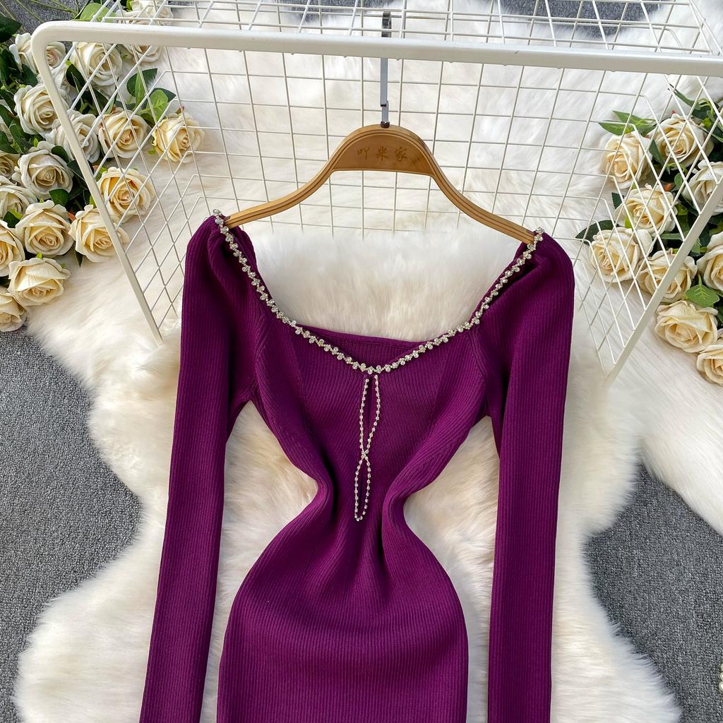 Autumn Spring Women Sexy Square Collar Luxury Beading Knitted Sweater Party Dress Long Midi Sheath Bodycon Sheath Dresses