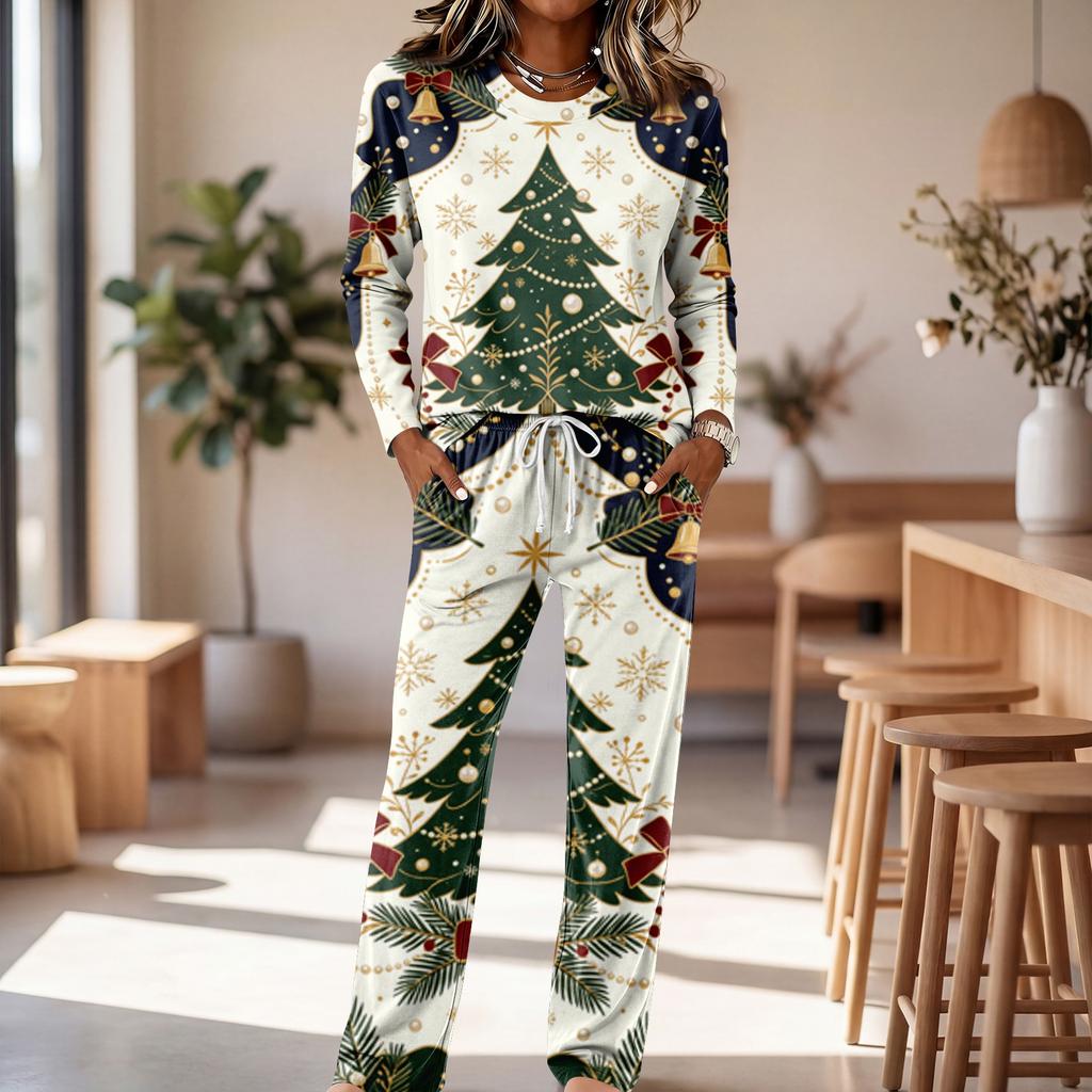 Women's Long Sleeve Round Neck Wide Leg Pajama Set Casual Sleepwear