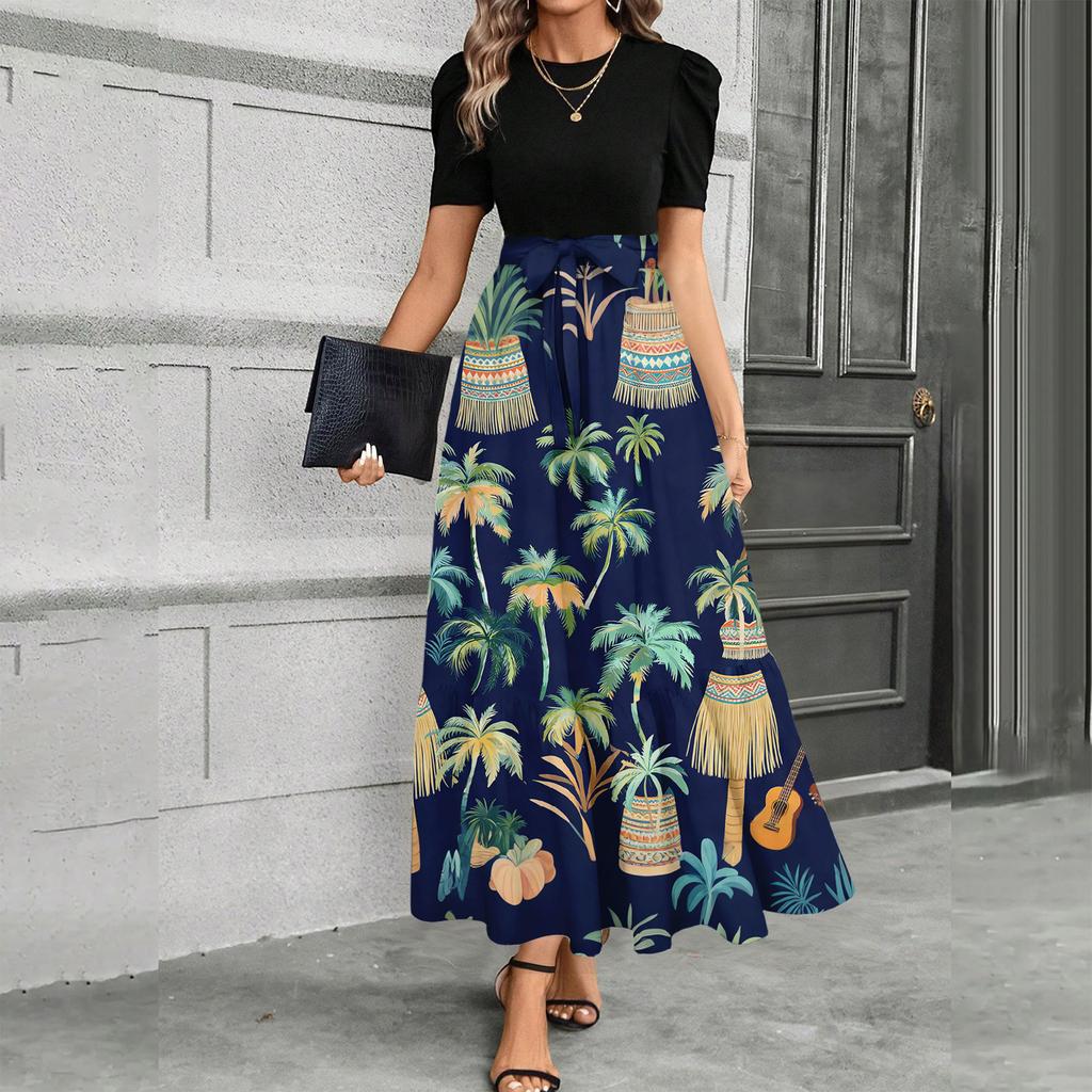 Short Sleeve Women's Dress Casual Flowy A-Line Midi Tshirt Dresses With Pockets Crewneck Vocation Boho Beach Sundress