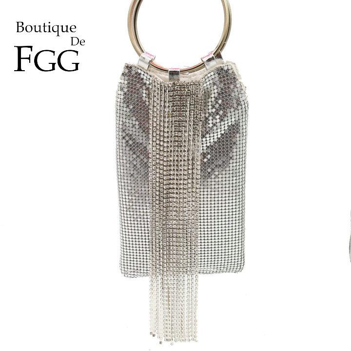 

Boutique De FGG Dazzling Silver Crystal Clutch Purse Tassel Women Aluminum Evening Purse Cocktail Party Wristlets Clutch Handbag Mini Purse