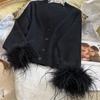 Spring and Autumn New Ostrich Feather Long Sleeve Sweater Fashion Temperament V-Neck Skinny Black Knitted Sweater Cardigan