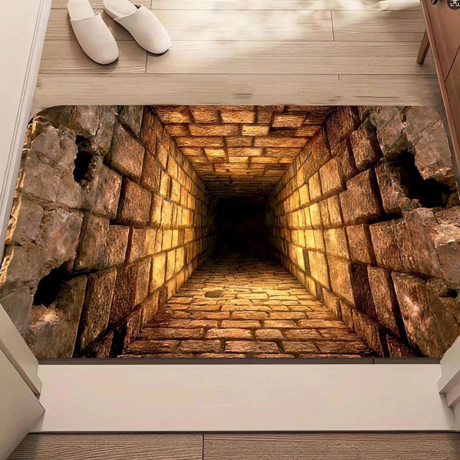

2D Realistic Tunnel Print Door Mat Stone Well Cave Design Welcome Entrance Rug Soft Non-Slip Pranks Visual Illusion Doorway Mat 40x60cm