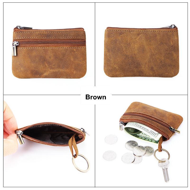 Retro Genuine Leather Coin Purse with Keychain for Men & Women Cowhide  Zipper Coin Wallet Vintage Key Holder