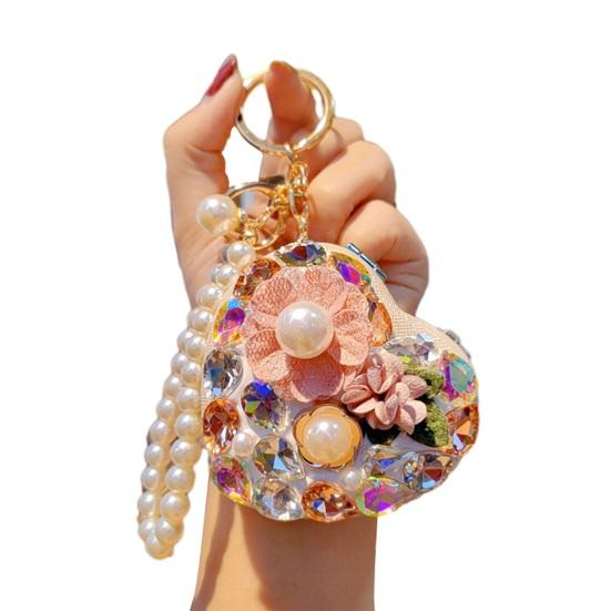 Folding Mirror Keychain Ladies Double-Sided Make-up Mirror with Faux Pearl Chain Rhinestone Mirror Pendant for Travel Touch-ups Bag Accessory