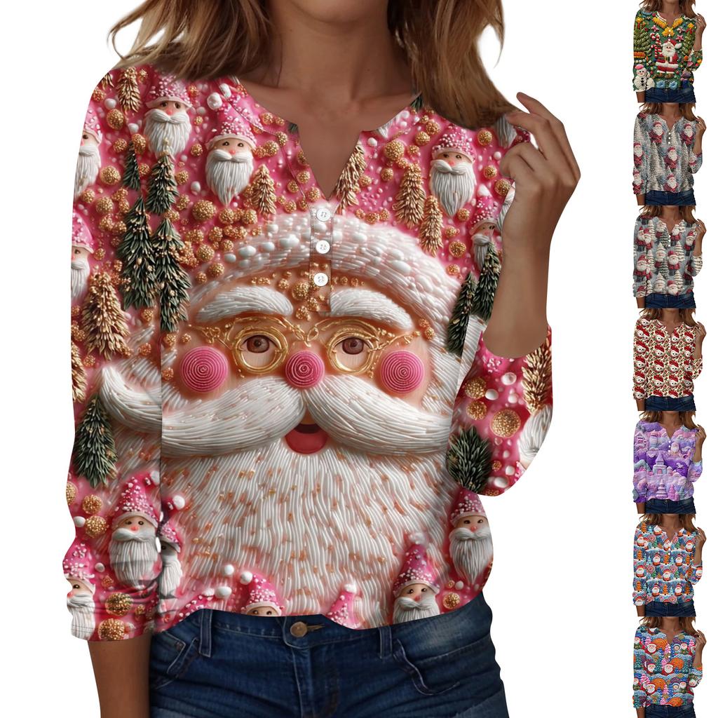 Women's Fashion Casual V-Neck Long Sleeve Decorative Button Christmas Print Top