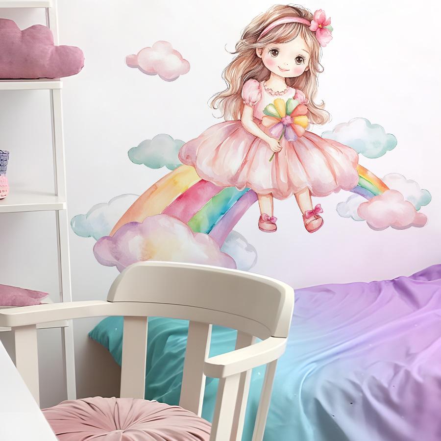 Cute Cartoon Girl on Cloud with Rainbow Bridge Wall Stickers, Self-Adhesive Kids Room Kindergarten Decor for Wall Decoration
