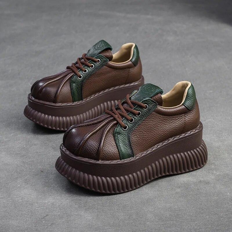 

Johnature Ретро туфли на плоской платформе из натуральной кожи на шнуровке Разные цвета Женская обувь на толстой подошве на возвышении 40 коричневый