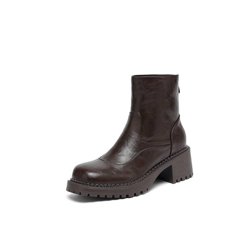 Autumn and winter solid color medium heel large size Martin boots rear zipper comfortable thick sole non-slip square heel leather boots Korean versio